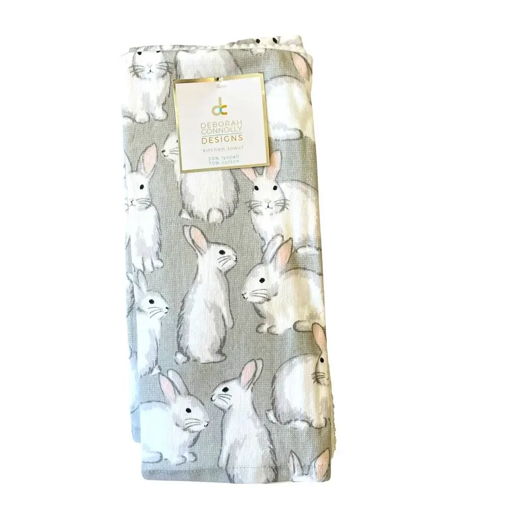 Deborah Connolly Easter Bunny Kitchen Towels 3pk White Gray Spring Decor New